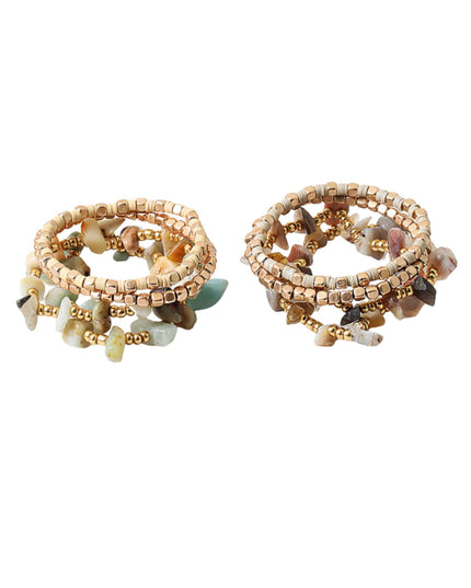 Spaced Chip Stone Gold Cube Beaded 4 Bracelet Set