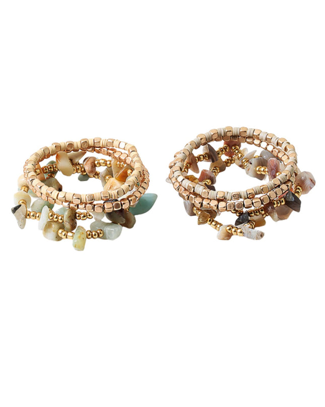 Spaced Chip Stone Gold Cube Beaded 4 Bracelet Set
