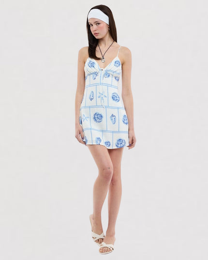Tile Shell Print Back Tie Spaghetti Strap Mini Dress