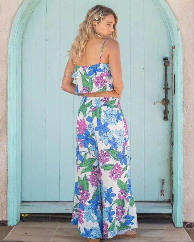 Elastic Waist Floral Printed Wide Leg Ruffle Hem Pants