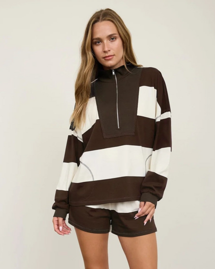 Half Zip Wide Stripe Long Sleeve Top