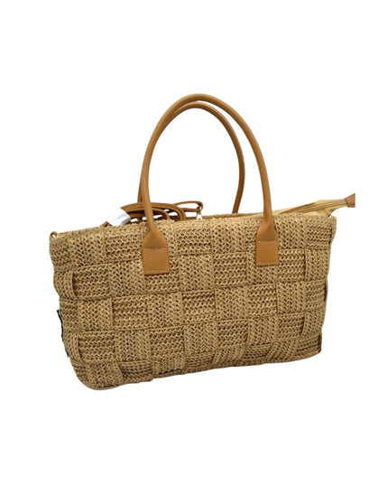 Rectangle Straw Wide Weave Vegan Handle Shoulder Bag
