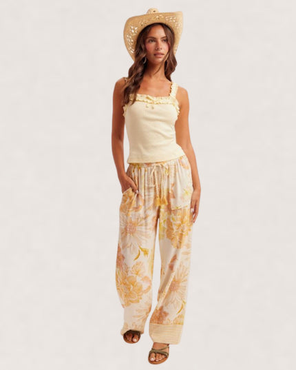 Floral Contrast Stripe Hem Elastic Drawstring Waist Lounge Pants