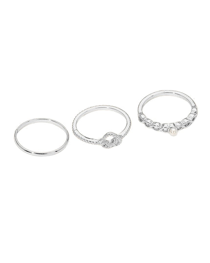 Heart Knot Pearl Thin Plain Band 3 Ring Set