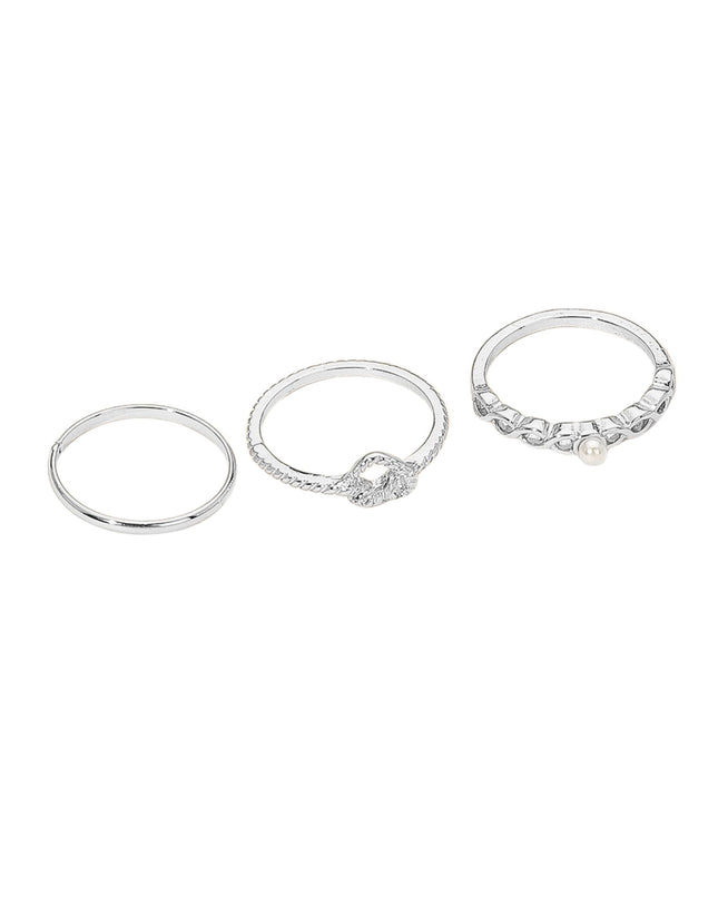 Heart Knot Pearl Thin Plain Band 3 Ring Set