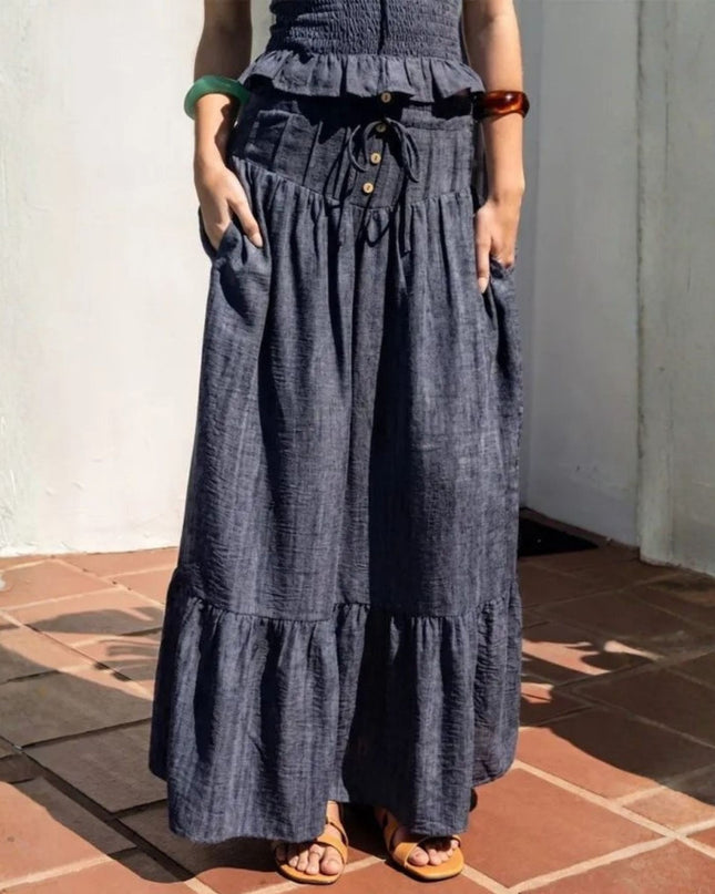 High Waist Drawstring Smocked Back Denim Maxi Skirt