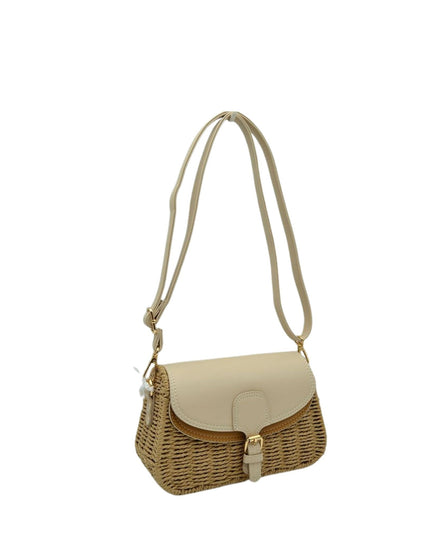 Belt Closure Leather & Structure Straw Crossbody Bag