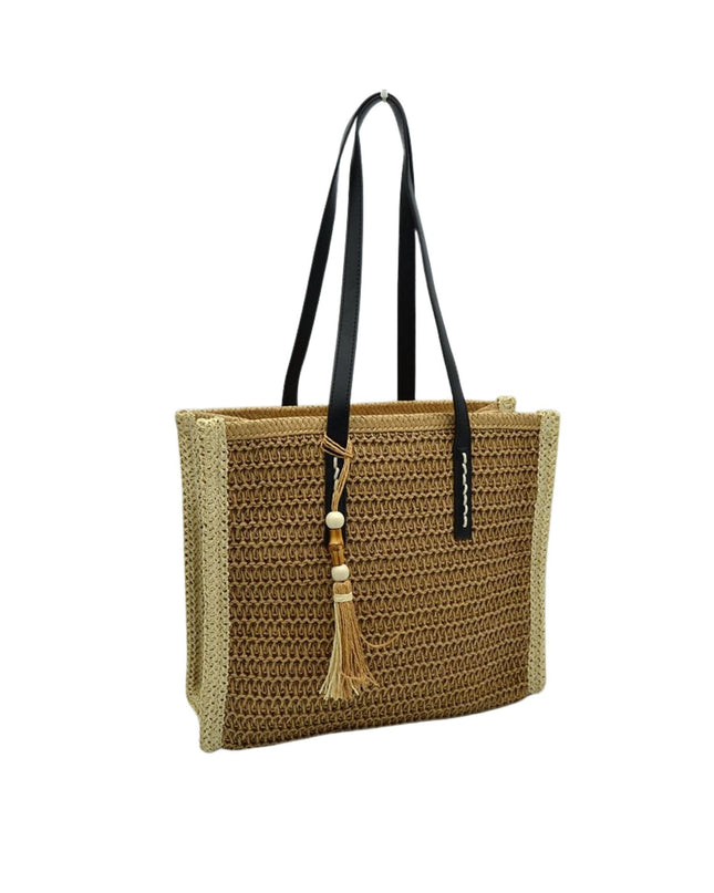 Beaded Tassel Straw Tote Bag