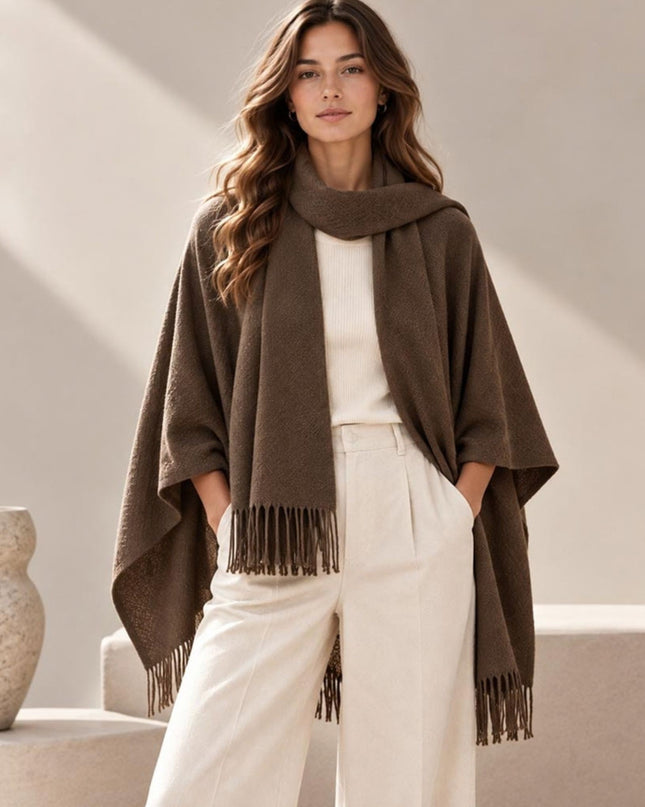Fringe Trim Oversized Scarf Poncho
