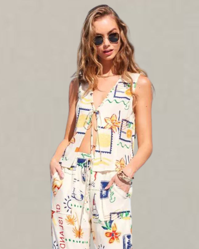 Tie Front Island Summer Print Sleeveless Top