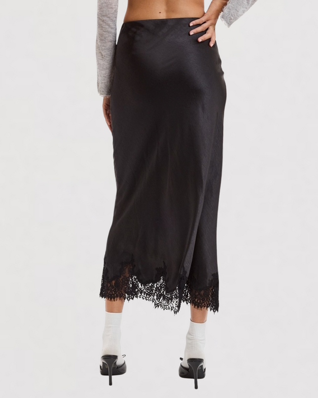 Satin Mono Tone Elastic Waist Lace Midi Skirt