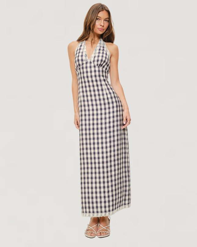 Isla Lace Trim Checkered Plaid Tie Halter Maxi Dress
