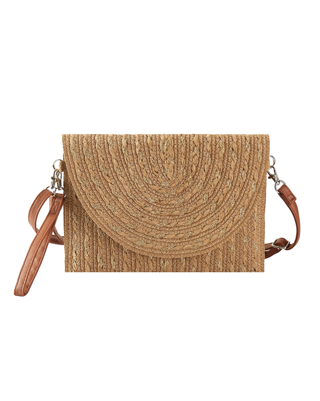 Gold Threads Mixed Straw Envelope Crossbody Clutch Bag