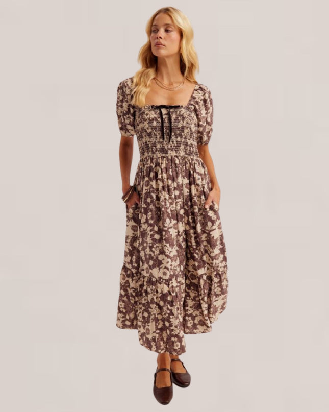 Floral Print Velvet Bow Bubble Short Sleeve Midi Dress