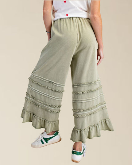Tiered Ruffle Hem Elastic Drawstring Waist Wide Leg Pants