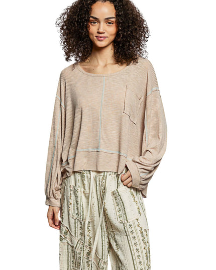 Round Neck Chest Pocket Long Sleeve Top