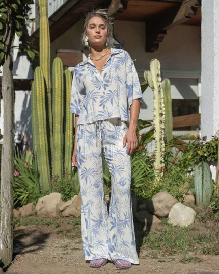 Elastic Waist Palm Tree Printed Drawstring Pants