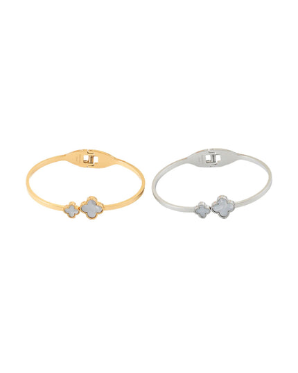 Double Mother Of Pearl Clover Tip Hinge Bangle Bracelet