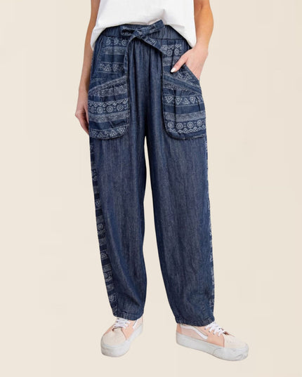 Tribal Pattern Patch Pockets Side Panel Elastic Tie Waist Denim Barrel Pants