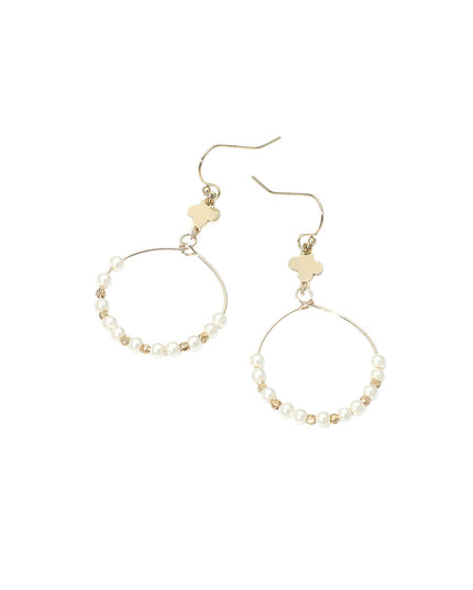 Quatrefoil Accent Pearl Beaded Hoop Link Drop Earrings