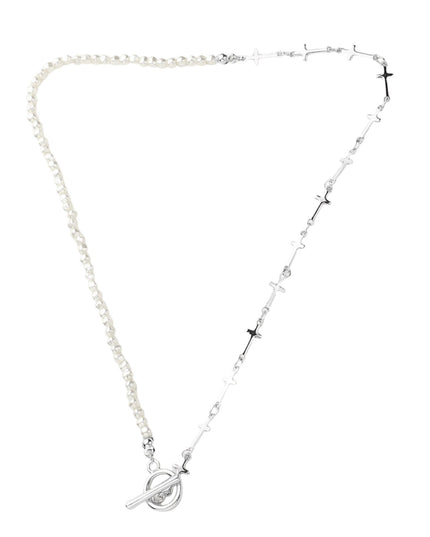 Metal Cross Link Pearl Toggle Necklace