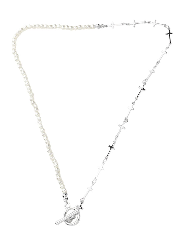 Metal Cross Link Pearl Toggle Necklace