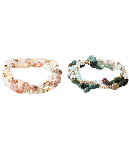 Asymmetrical Natural Stone Pearl Gold Metal Beaded 2 Bracelet Set