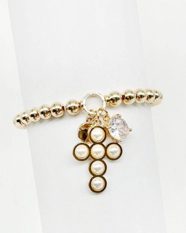 Pearl Cross Charm Ball Bead Stretchable Bracelet