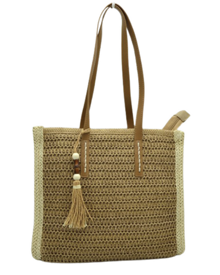 Beaded Tassel Straw Tote Bag
