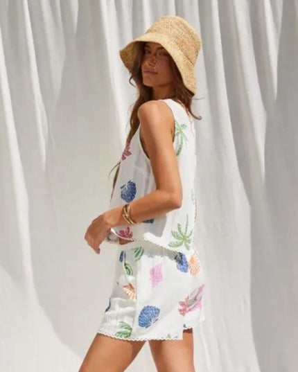 Elastic Waist Palm Tree Sun Shell Print Shorts