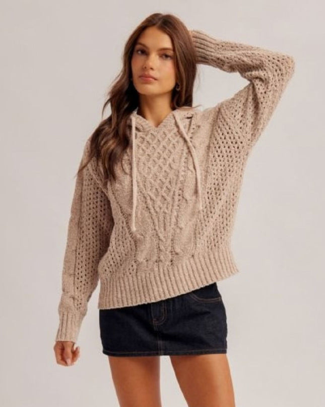 Pointelle Stitch Hooded Cable Knit Sweater