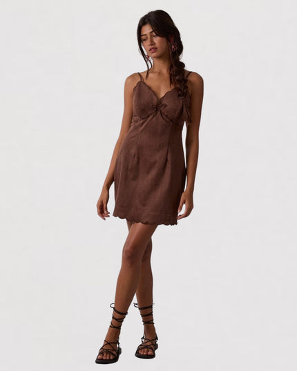 Suede Scallop Cut V Neck Mini Dress