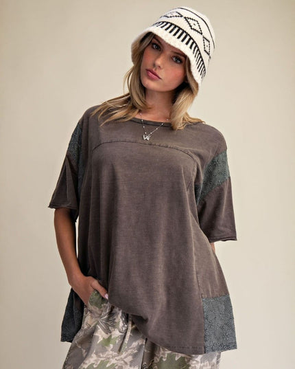 Textured Panels Round Neck Short Sleeve Top