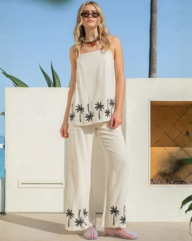 Palm Tree Border Elastic Waist Wide Leg Pants