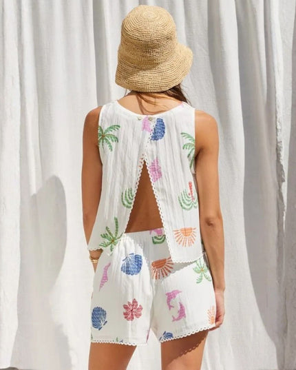 Flyaway Back Palm Tree Sun Shell Print Sleeveless Top