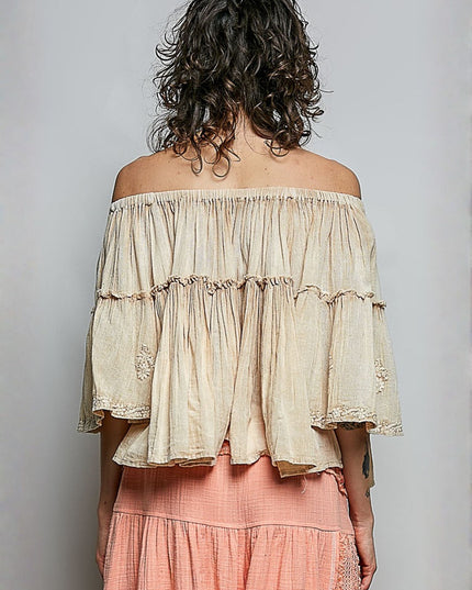 Off Shoulder Floral Embroidery Half Sleeve Top