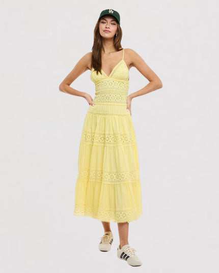 Floral Embossed Lace Eyelet Spaghetti Strap Midi Dress