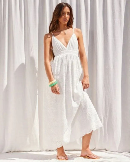 Eyelet Embroidery V Neck Spaghetti Strap Maxi Dress
