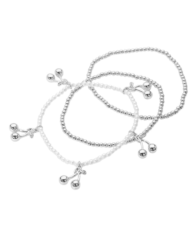 Cherry Charm Metal Ball Pearl Bead 3 Layered Bracelets