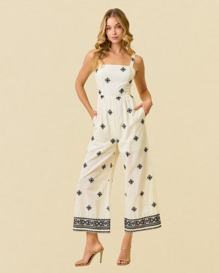 Embroidered Border Printed Sleeveless Culotte Jumpsuit