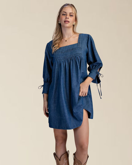 Square Neck 3/4 Tie Sleeve Side Pockets Denim Mini Dress