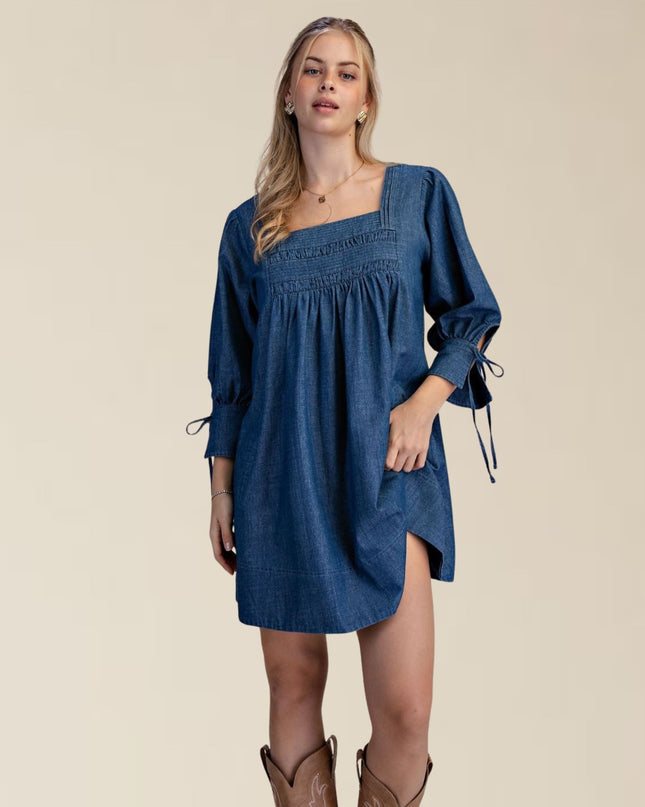 Square Neck 3/4 Tie Sleeve Side Pockets Denim Mini Dress