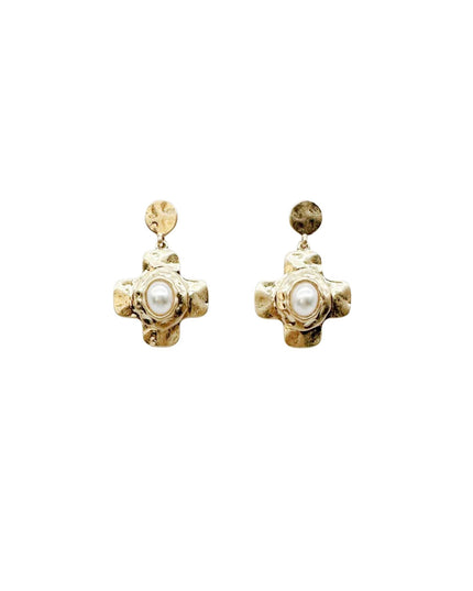 Oval Pearl Centered Cross Gold Metal Drop Dangle Earrings