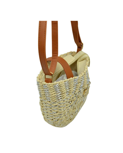 Metallic Detail Half Circle Straw Crossbody Handbag
