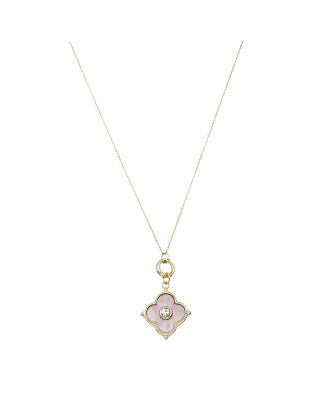 CZ Stone Center Shell Clover Ring Pendant Dainty Gold Chain Necklace