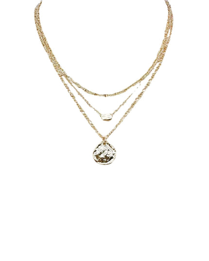 Hammered Disc Rectangle Bead Triple Layered Chain Necklace