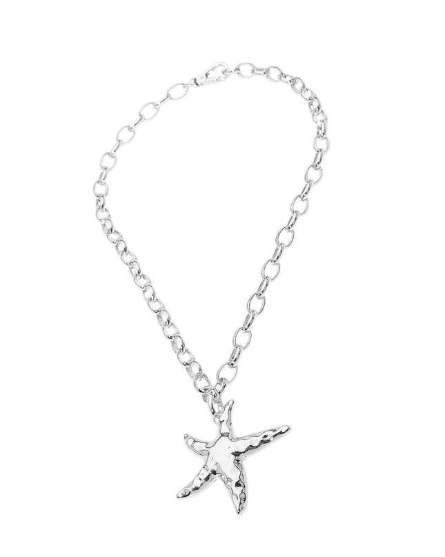 Hammered Metal Starfish Pendant Chunky Chain Necklace