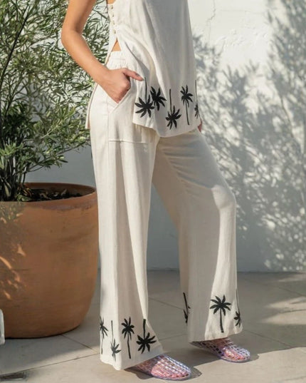Palm Tree Border Elastic Waist Wide Leg Pants