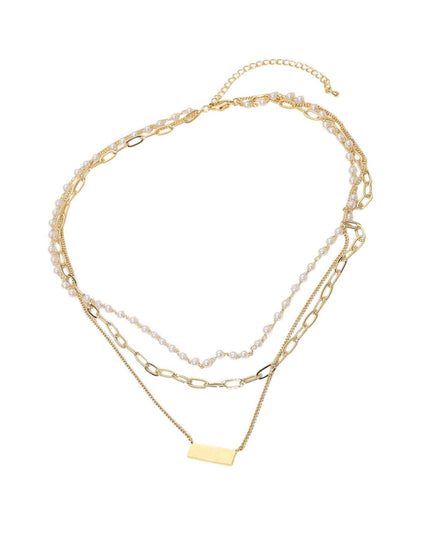 Metal Bar Pendant Pearl Paperclip Chain Layered Necklace