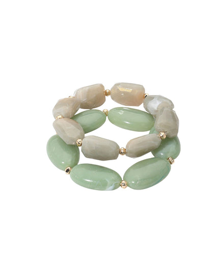 Oval Stone Gold Metal Ball Bead 2 Bracelet Set